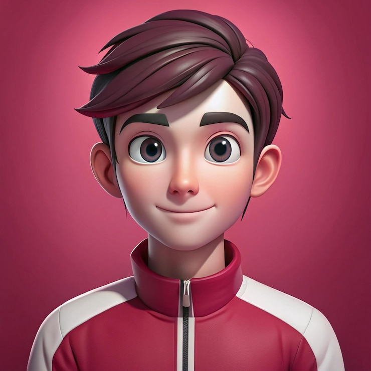 Foto um menino com cabelo castanho e uma jaqueta vermelha com uma faixa branca na frente