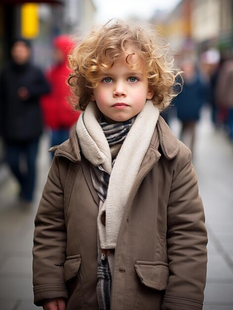 um menino com cabelo encaracolado e um lenço está de pé na rua