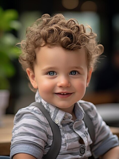 Foto um menino com cabelo encaracolado e uma camisa listrada com um colarinho