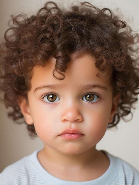 Um menino com cabelo encaracolado e uma camisa.