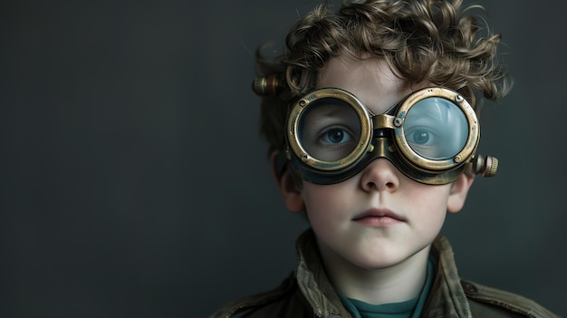 Foto um menino com cabelos encaracolados e óculos steampunk olha pensativo para a câmera ele está vestindo um casaco de couro castanho e uma camisa verde