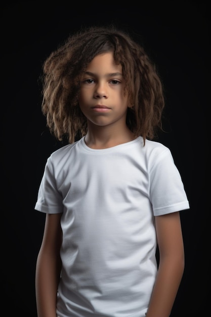 Um menino com dreadlocks e uma camiseta branca fica contra um fundo preto.