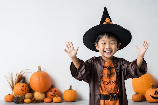 lindo menino asiático comemorando o dia das bruxas vestindo fantasia de  bruxa e segurando acessórios de decoração de halloween 6964611 Foto de  stock no Vecteezy