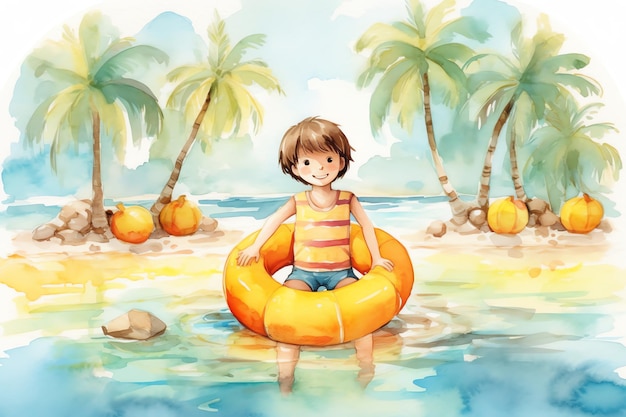Um menino com floaty jogando na ilustração em aquarela de praia