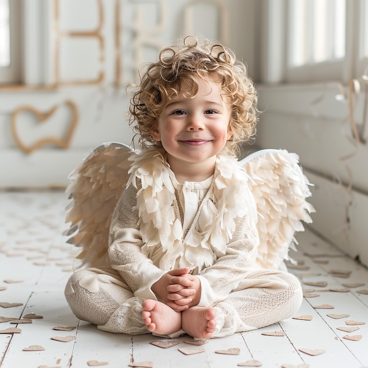 Foto um menino com o cabelo encaracolado sentado no chão com um anjo em forma de coração no peito