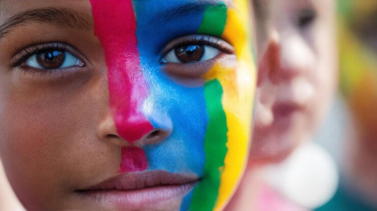 Foto um menino com o rosto pintado em cores brilhantes