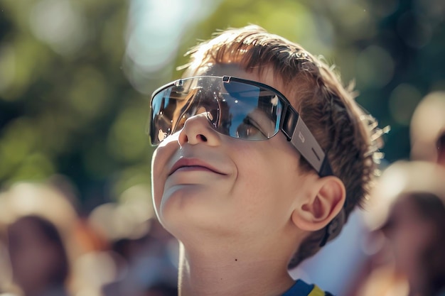 Um menino com óculos de proteção está observando o eclipse solar