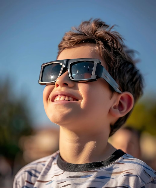 Um menino com óculos de proteção está observando o eclipse solar