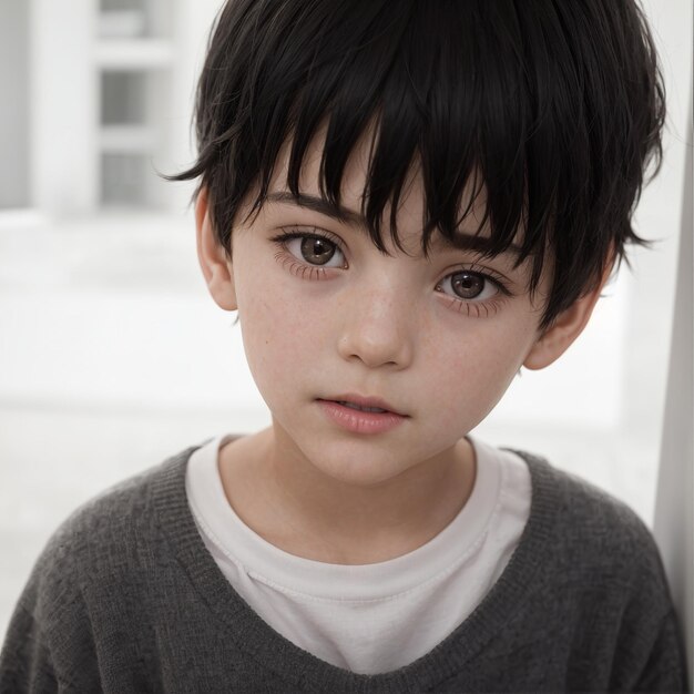 um menino com olhos castanhos e uma camisa branca com um colarinho branco