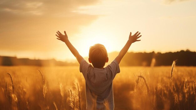 Um menino com os braços abertos num campo com o sol atrás dele