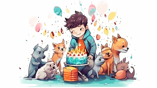 Um menino com um bolo de aniversário e um bolo de aniversário com gatos.