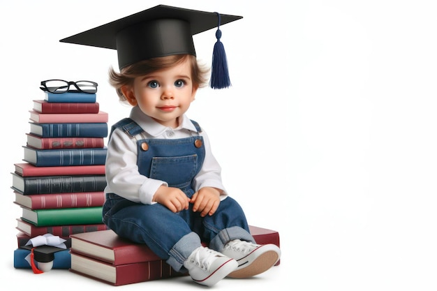 um menino com um boné de formatura sentado em livros isolados em fundo branco