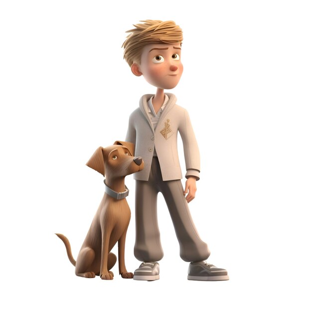 Um menino com um cachorro em uma renderização 3d de fundo branco