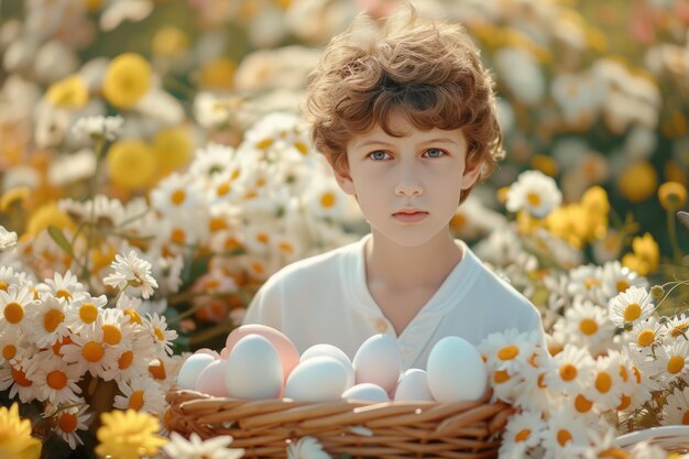 Um menino com um cesto de páscoa de ovos e flores Flores de fundo