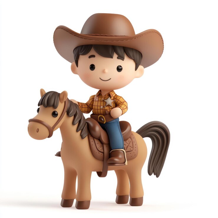 Foto um menino com um chapéu de cowboy montando um cavalo de bastão ilustração de estilo vetorial de arte 3d isolada em white backgr