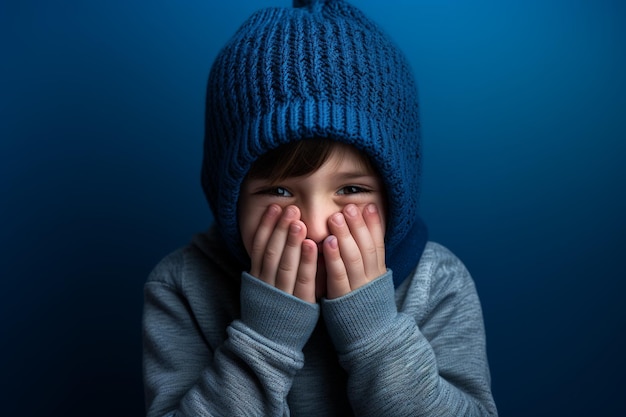 um menino com um chapéu de malha azul está rindo sobre fundo azul