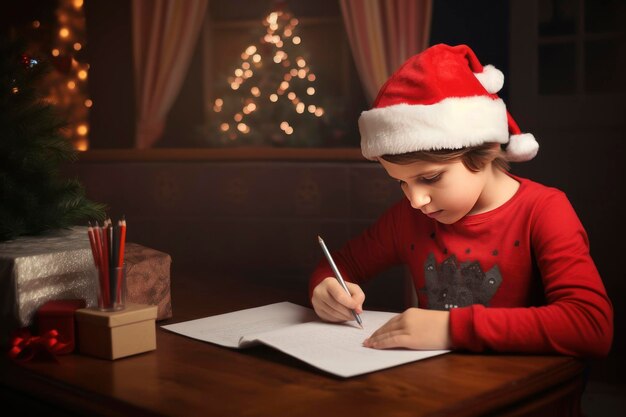 Um menino com um chapéu de papai noel escreve uma carta pedindo um presente para o natal