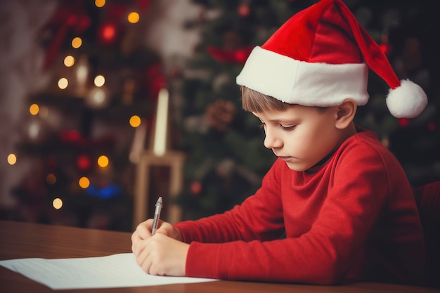 Um menino com um chapéu de papai noel escreve uma carta pedindo um presente para o natal