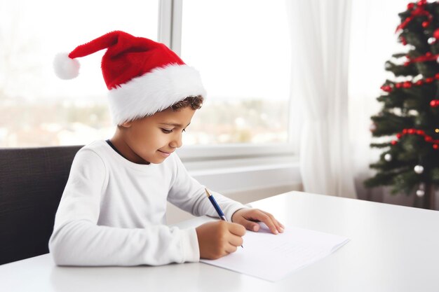 Foto um menino com um chapéu de papai noel escreve uma carta pedindo um presente para o natal