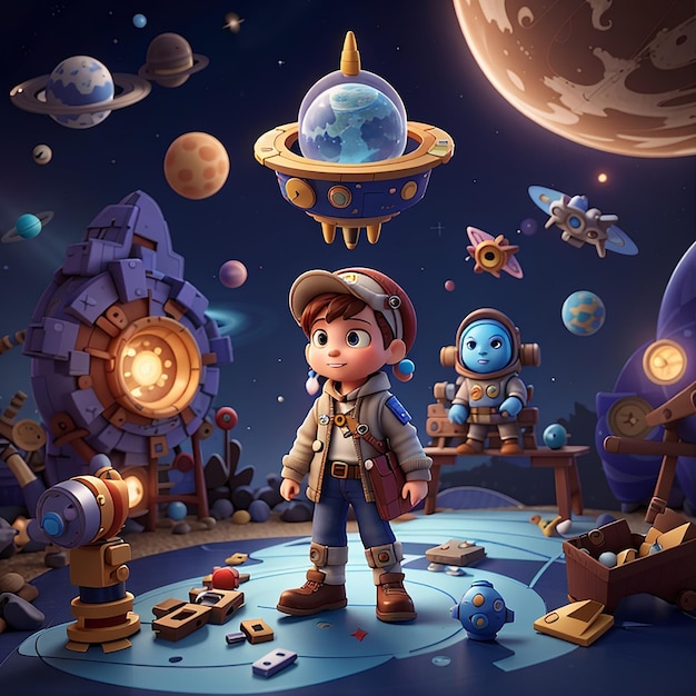 um menino com um chapéu e um lego na cabeça está de pé na frente de um planeta