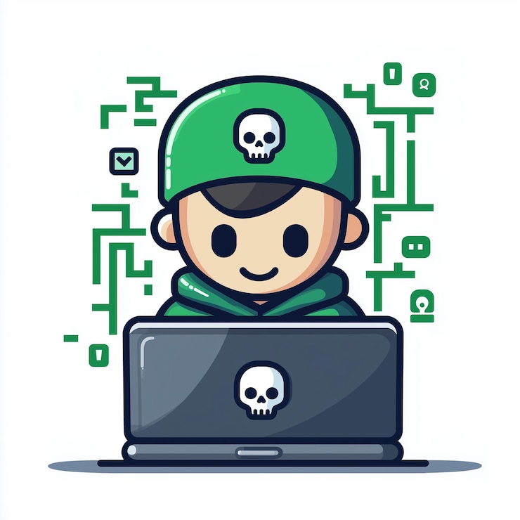 Foto um menino com um chapéu verde na cabeça sentado na frente de um laptop