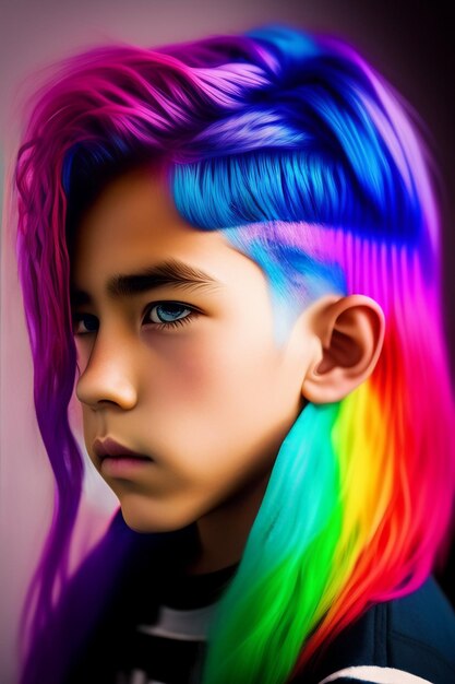 Um menino com um corte de cabelo arco-íris e um corte de cabelo arco-íris.
