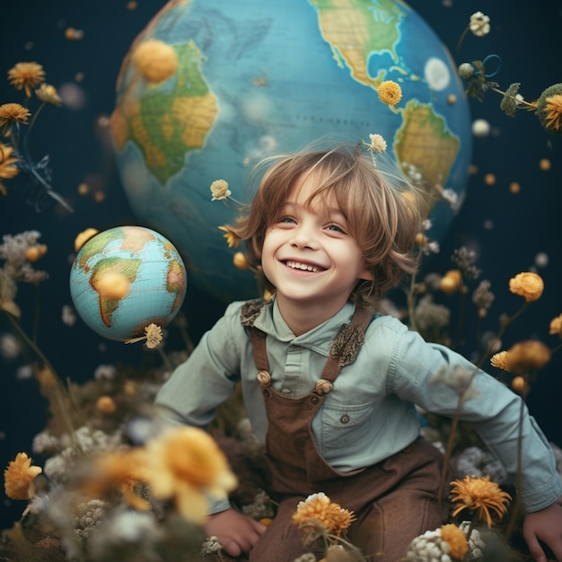 um menino com um globo em suas mãos está sentado em um campo de flores