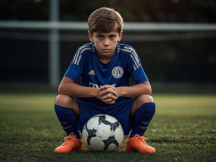 Foto um menino com uma bola de futebol inclinando-se para a frente com as mãos cl_0