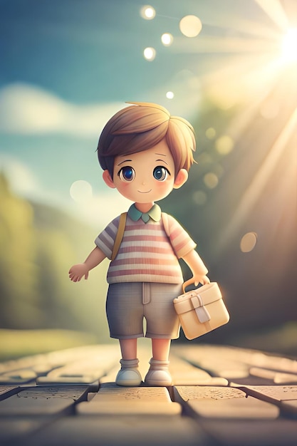 Um menino com uma bolsa que diz 'eu sou um menino'