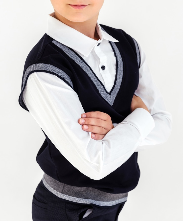 Foto um menino com uma camisa branca e um colete preto está de pé com os braços cruzados sobre um fundo branco