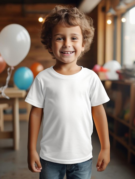 um menino com uma camisa branca que diz “feliz aniversário”.