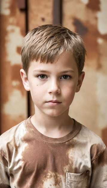 um menino com uma camisa castanha que diz "é um menino"