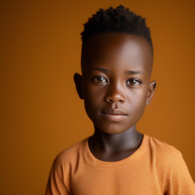Um menino com uma camisa laranja que diz 'eu sou uma criança'