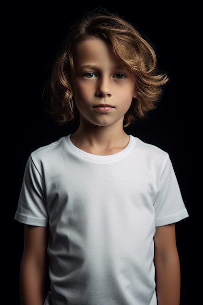 Um menino com uma camiseta branca que diz 'eu sou um menino'