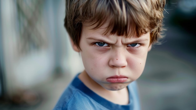 Foto um menino com uma careta expressando uma forte personalidade atrevida