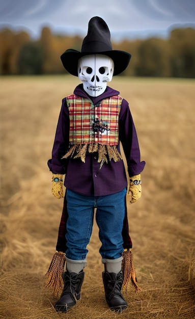 Um menino com uma fantasia de halloween fica em um campo.