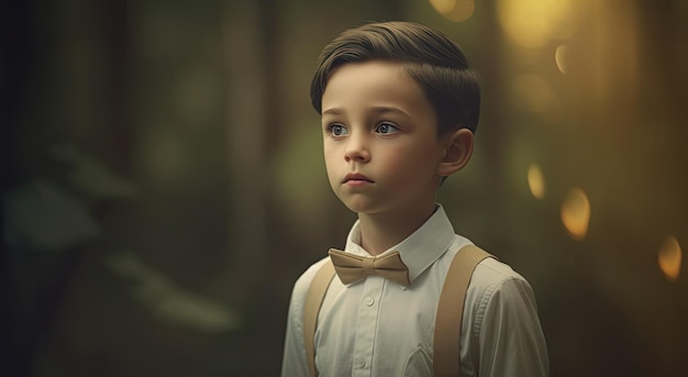 Um menino com uma gravata borboleta está em uma floresta.