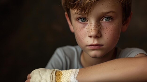 Um menino com uma mão vendada e uma expressão triste vítima de abuso físico e emocional