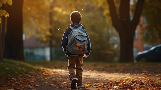 Foto um menino com uma mochila caminha no parque