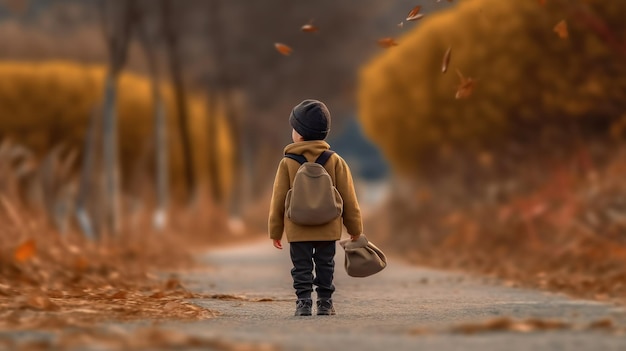 Um menino com uma mochila caminha por uma estrada com folhas caindo do céu.