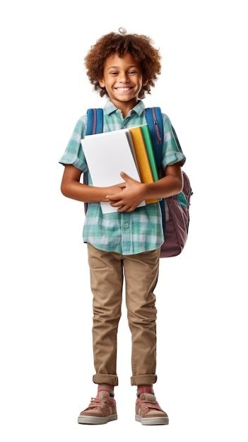 Foto um menino com uma mochila e livros nas costas.