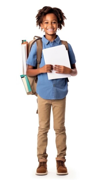 Foto um menino com uma mochila e um livro nas costas.