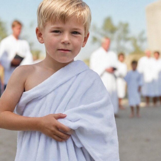 Foto um menino com uma toalha enrolada ao redor do pescoço