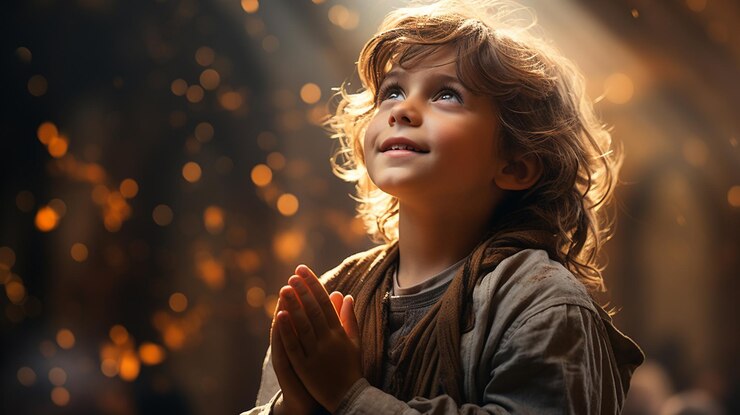 Foto um menino com uma vela acesa à noite
