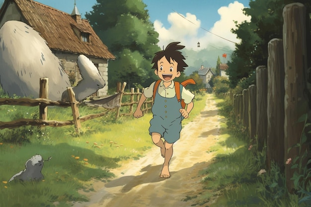 Um menino corre por um caminho em frente a uma casa Generative ai