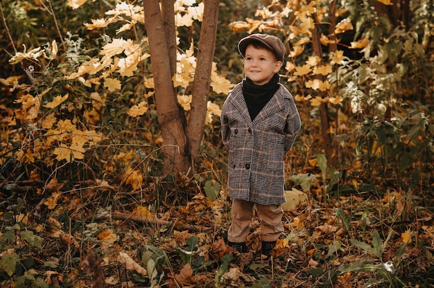 Um menino criança feliz com um casaco de outono caminha em um parque amarelo de outono.