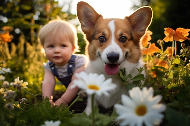 Um menino curioso explorando um vibrante jardim de flores com seu curioso cachorrinho corgi