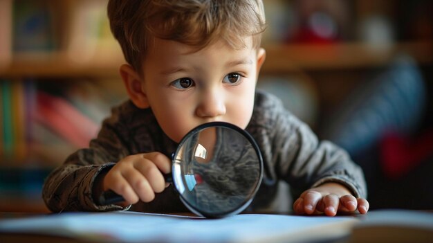 Um menino curioso olha através de uma lupa.