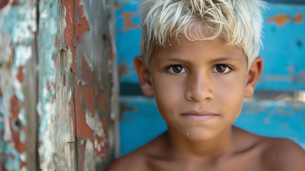 Um menino da América Latina, o cabelo dele é branco nas extremidades.