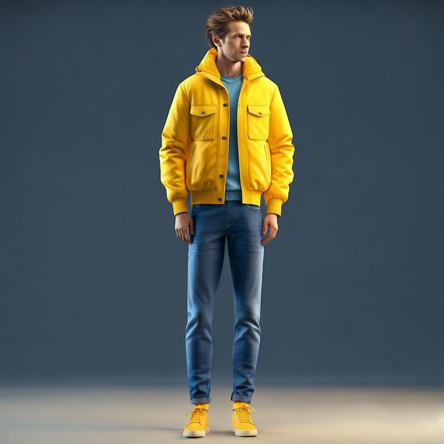 Um menino da moda com uma jaqueta amarela e calça azul